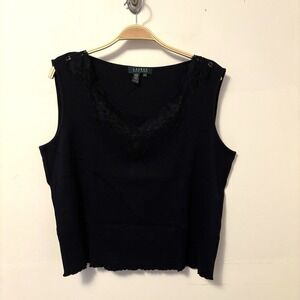 Lauren Ralph Lauren Tank Top Black Lace Embroidery V Neck Sleeveless 2X